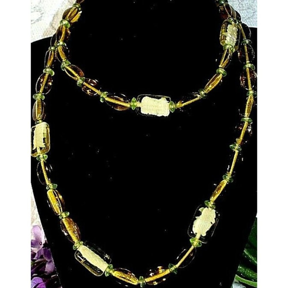 Vintage Green Bead Necklace Lucite Single Strand Encased Carved Design 1970's
